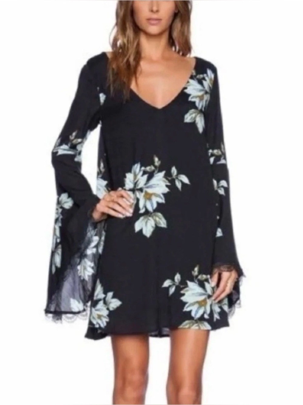Free People Wanderer Mini Dress Dark Blue Floral Cut Out Bell Sleeves